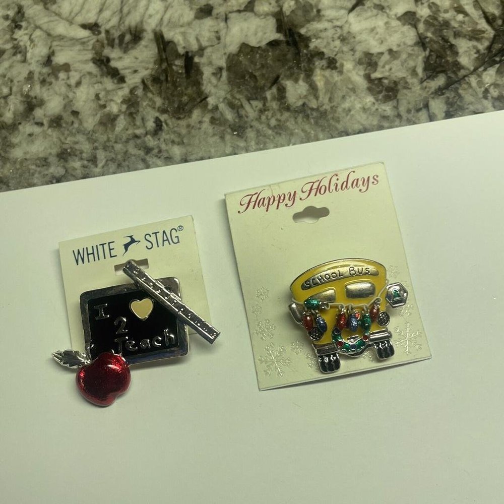 Lot Of 2 Brooch Pins Vintage - Modern - Teacher Chalkboard / School Bus